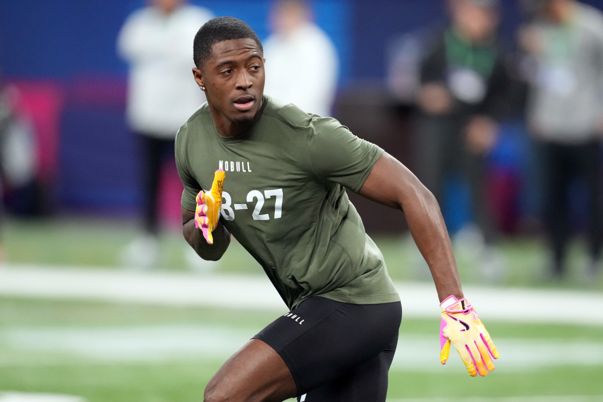 Mar 1, 2024; Indianapolis, IN, USA; Toledo defensive back Quinyon Mitchell (DB27) works out during the 2024 NFL Combine at Lucas Oil Stadium.